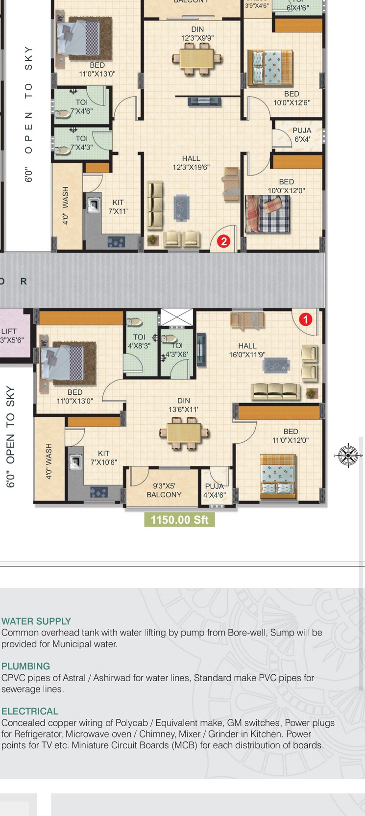 Floor Plan, miyapur 2 Bedroom 1150 Sq.Ft. Apartment In Miyapur Hyderabad 8989005