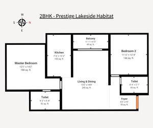 Floor Plan in 2 BHK Apartment at Prestige Lakeside Habitat, Varthur – for Sale