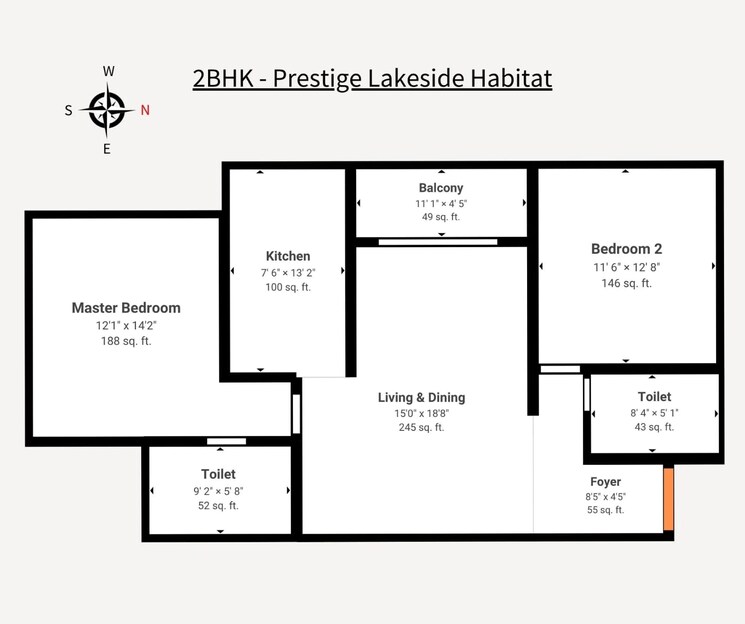 Floor Plan, prestige-lakeside-habitat 2 Bedroom 845 Sq.Ft. Apartment In Varthur Bangalore 8989084