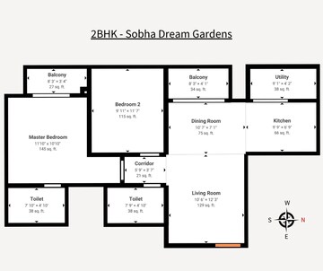 Floor Plan in 2 BHK Apartment at Sobha Dream Gardens, Thanisandra Main Road – for Sale