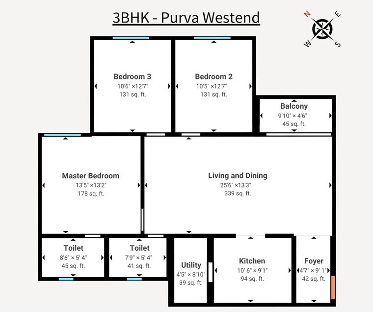 Floor Plan, puravankara-purva-westend 3 Bedroom 1512 Sq.Ft. Apartment In Kudlu Gate Bangalore 8989171