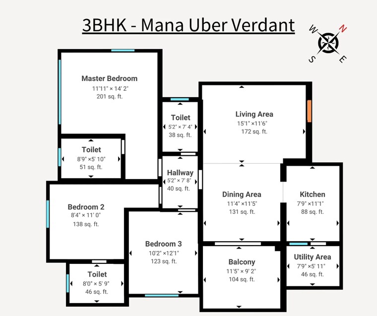Floor Plan, mana-uber-verdant 3 Bedroom 1634 Sq.Ft. Apartment In Sarjapur Road Bangalore 8989923