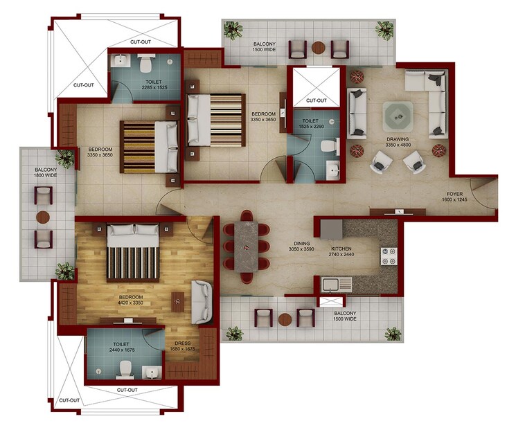 Floor Plan, samridhi-daksh-avenue 3 Bedroom 1980 Sq.Ft. Apartment In Sector 150 Noida 8990149