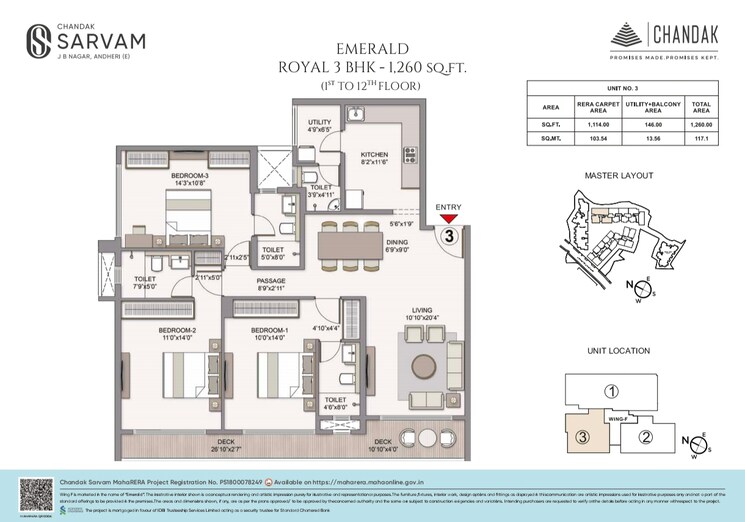 Floor Plan, chandak-sarvam 3 Bedroom 1260 Sq.Ft. Apartment In Jb Nagar Mumbai 8992780