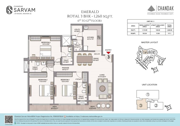 Floor Plan, chandak-sarvam 3 Bedroom 1260 Sq.Ft. Apartment In Jb Nagar Mumbai 8992780