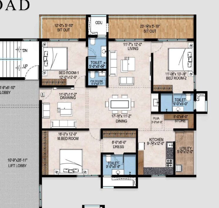 Floor Plan, bachupally 3 Bedroom 1768 Sq.Ft. Apartment In Bachupally Hyderabad 8994026