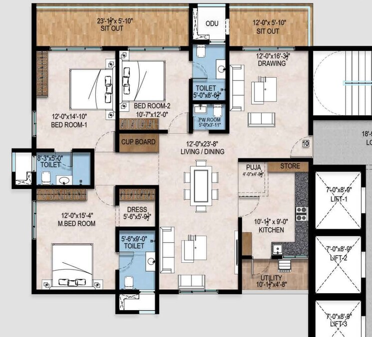 Floor Plan, bachupally 3 Bedroom 1768 Sq.Ft. Apartment In Bachupally Hyderabad 8994026