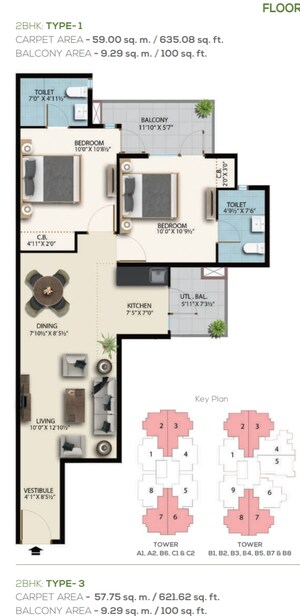 Floor Plan in 2 BHK Apartment at Suncity Avenue 76, Sector 76 – for Sale