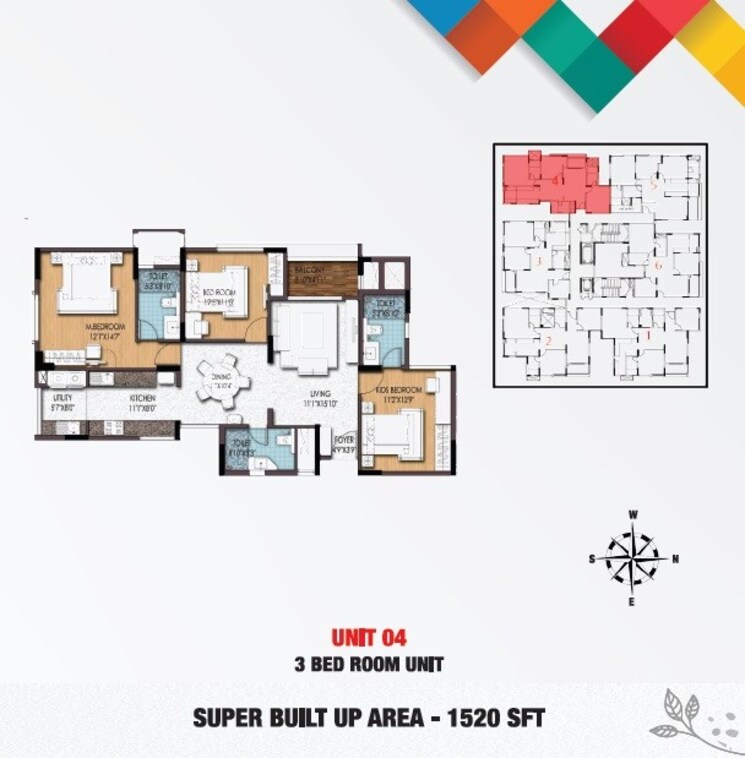 Floor Plan, birla-apple-aroma 3 Bedroom 1520 Sq.Ft. Apartment In Jp Nagar Bangalore 9017607