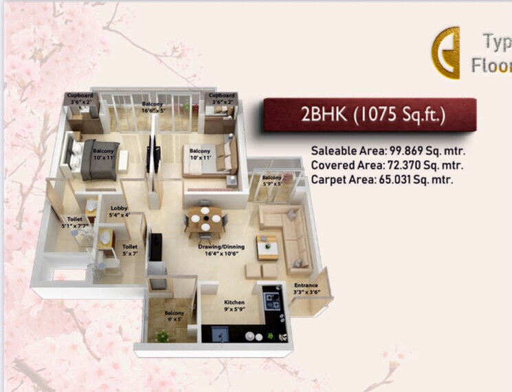 Floor Plan, ncr-monarch 2 Bedroom 1075 Sq.Ft. Apartment In Sector 1 Greater Noida Greater Noida 9020286