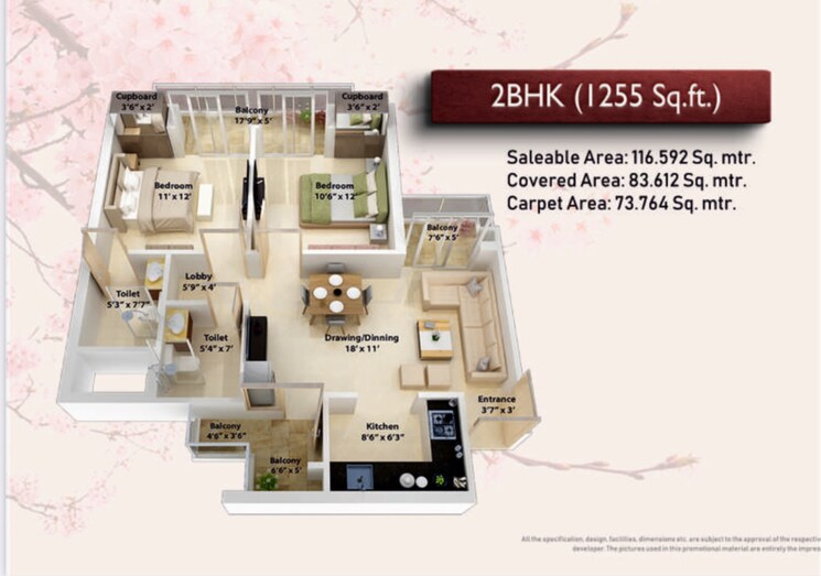 Floor Plan, ncr-monarch 2 Bedroom 1255 Sq.Ft. Apartment In Sector 1 Greater Noida Greater Noida 9020519