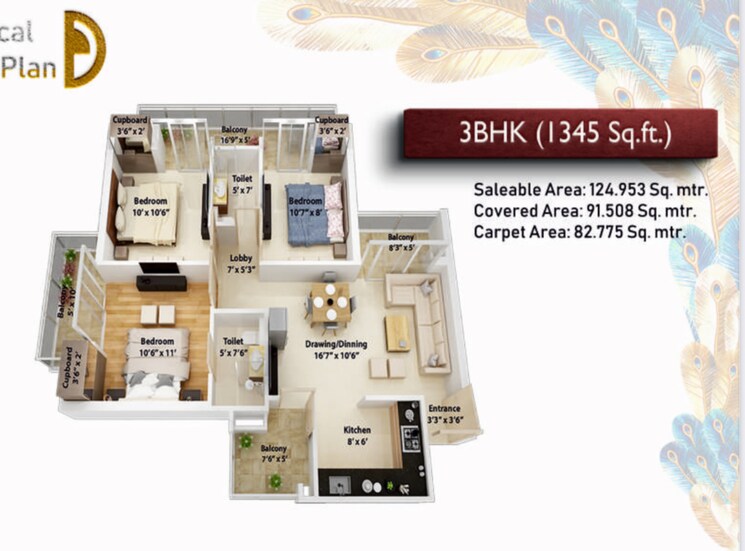 Floor Plan, ncr-monarch 3 Bedroom 1345 Sq.Ft. Apartment In Sector 1 Greater Noida Greater Noida 9023747
