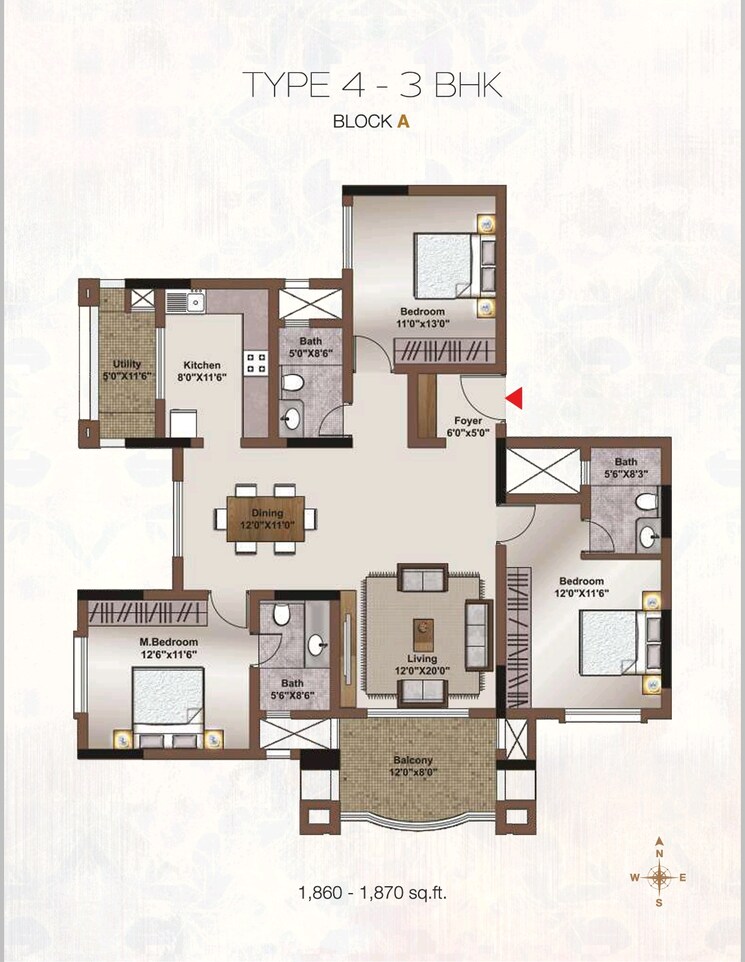 Floor Plan, horamavu 3 Bedroom 1890 Sq.Ft. Apartment In Horamavu Bangalore 9028621