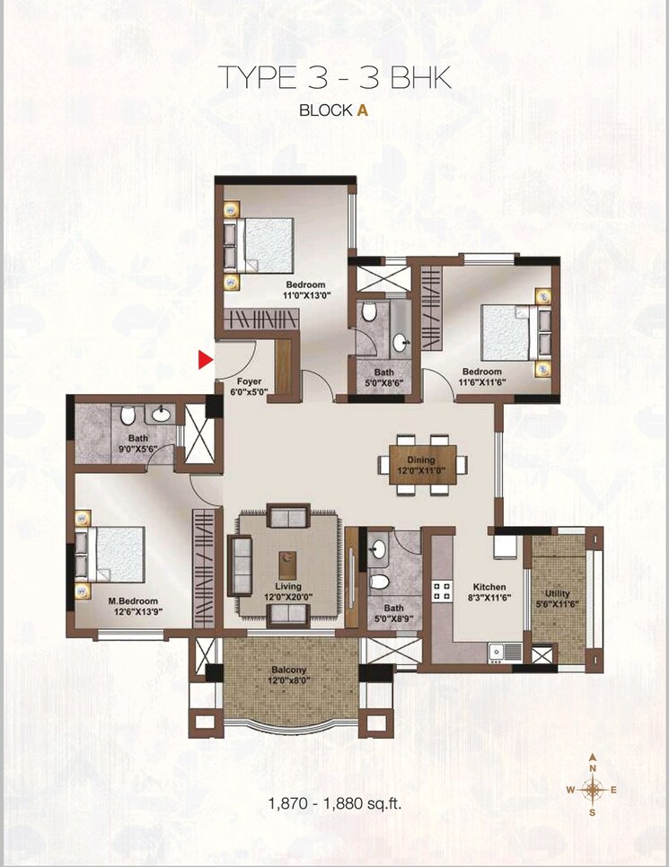 Floor Plan, horamavu 3 Bedroom 1890 Sq.Ft. Apartment In Horamavu Bangalore 9028621