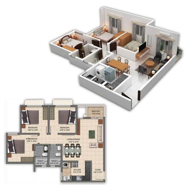 Floor Plan, provident-park-square-phase-4 3 Bedroom 1100 Sq.Ft. Apartment In Kanakapura Road Bangalore 9028240