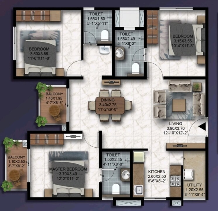 Floor Plan, mahaveer-highlands 3 Bedroom 1447 Sq.Ft. Apartment In Kengeri Bangalore 9029672