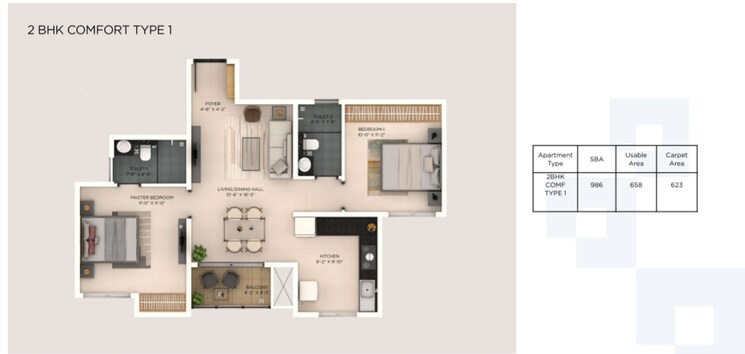 Floor Plan, provident-botanico 2 Bedroom 986 Sq.Ft. Apartment In Whitefield Bangalore 9033402