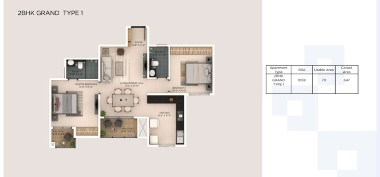 Floor Plan, provident-botanico 2 Bedroom 1088 Sq.Ft. Apartment In Whitefield Bangalore 9033411