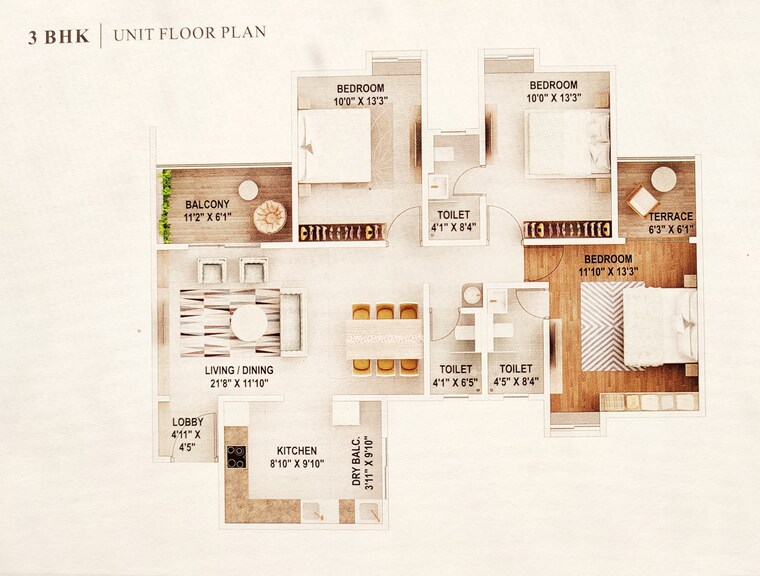 Floor Plan, lohia-unika 3 Bedroom 1133 Sq.Ft. Apartment In Hadapsar Pune 9033815