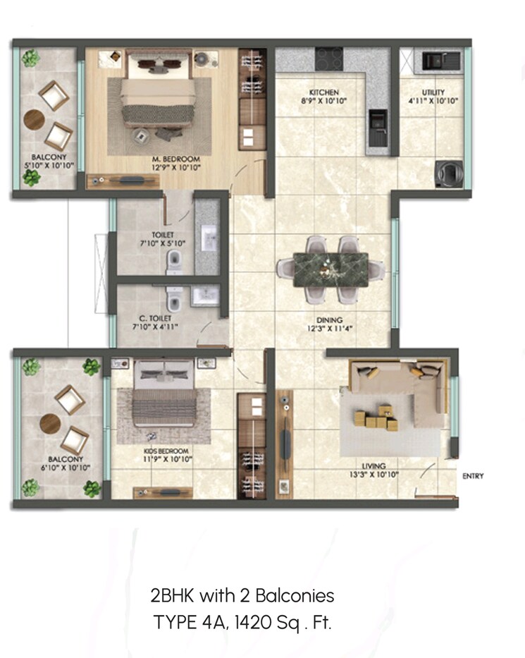 Floor Plan, elv-high-garden 2 Bedroom 1420 Sq.Ft. Apartment In Whitefield Bangalore 9034712