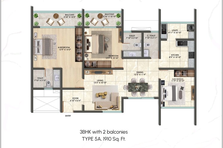 Floor Plan, elv-high-garden 3 Bedroom 1910 Sq.Ft. Apartment In Whitefield Bangalore 9034782