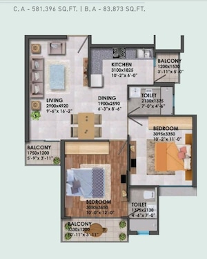 Floor Plan in 2 BHK Apartment at Signature Global Proxima, Sector 89 – for Sale