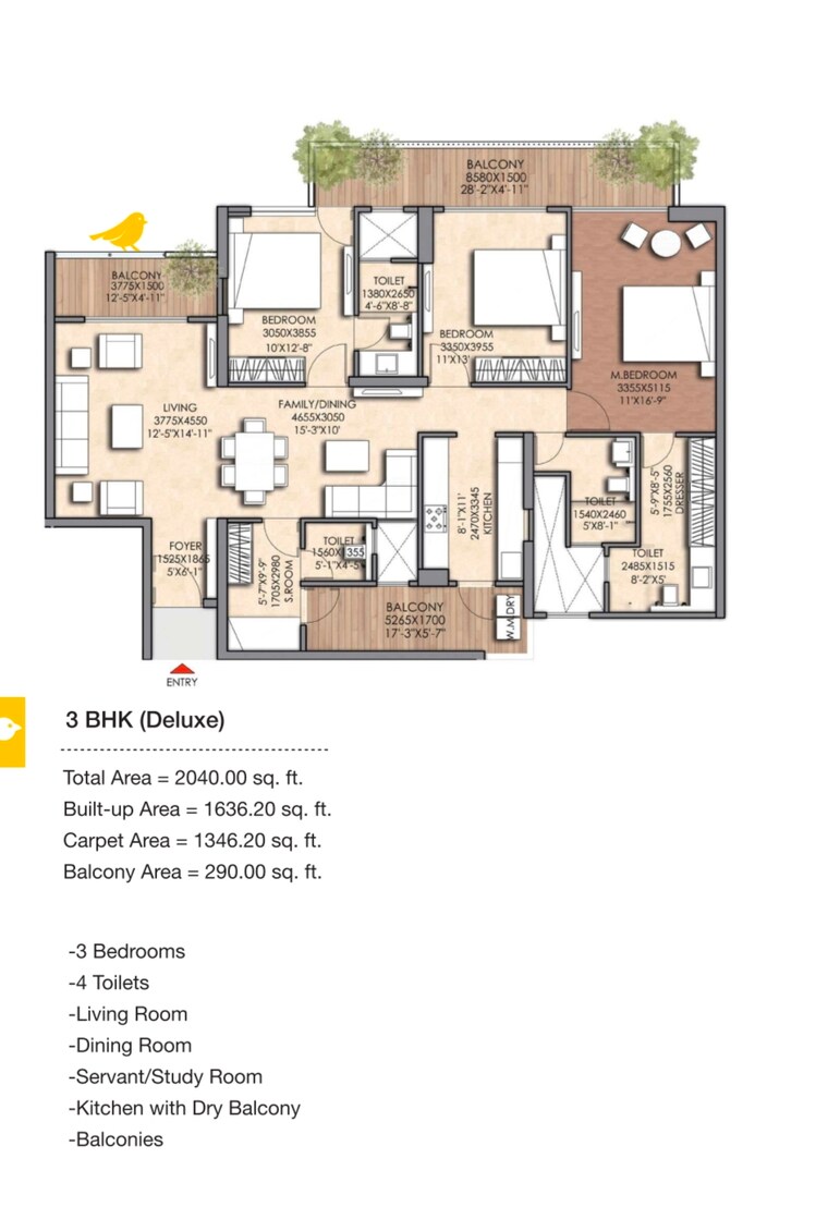 Floor Plan, prateek-canary 3 Bedroom 2040 Sq.Ft. Apartment In Sector 150 Noida 9048274