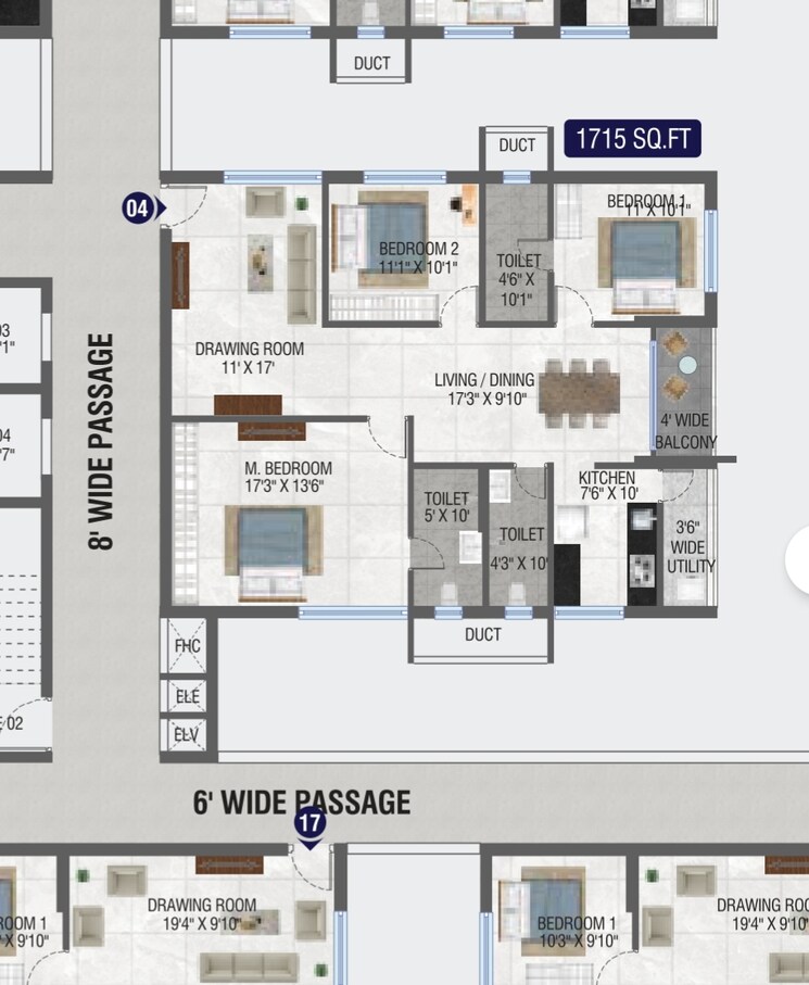 Floor Plan, technopolis-solitaire-unity 3 Bedroom 1715 Sq.Ft. Apartment In Hafeezpet Hyderabad 9048502