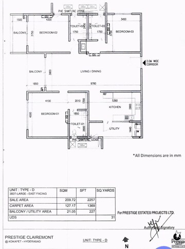 Floor Plan in 3 BHK Apartment at Prestige Clairemont, Kokapet – for Sale