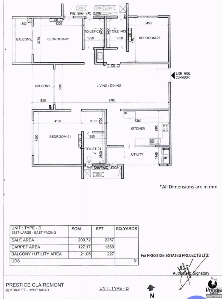 Floor Plan, prestige-clairemont 3 Bedroom 2257 Sq.Ft. Apartment In Kokapet Hyderabad 9051219