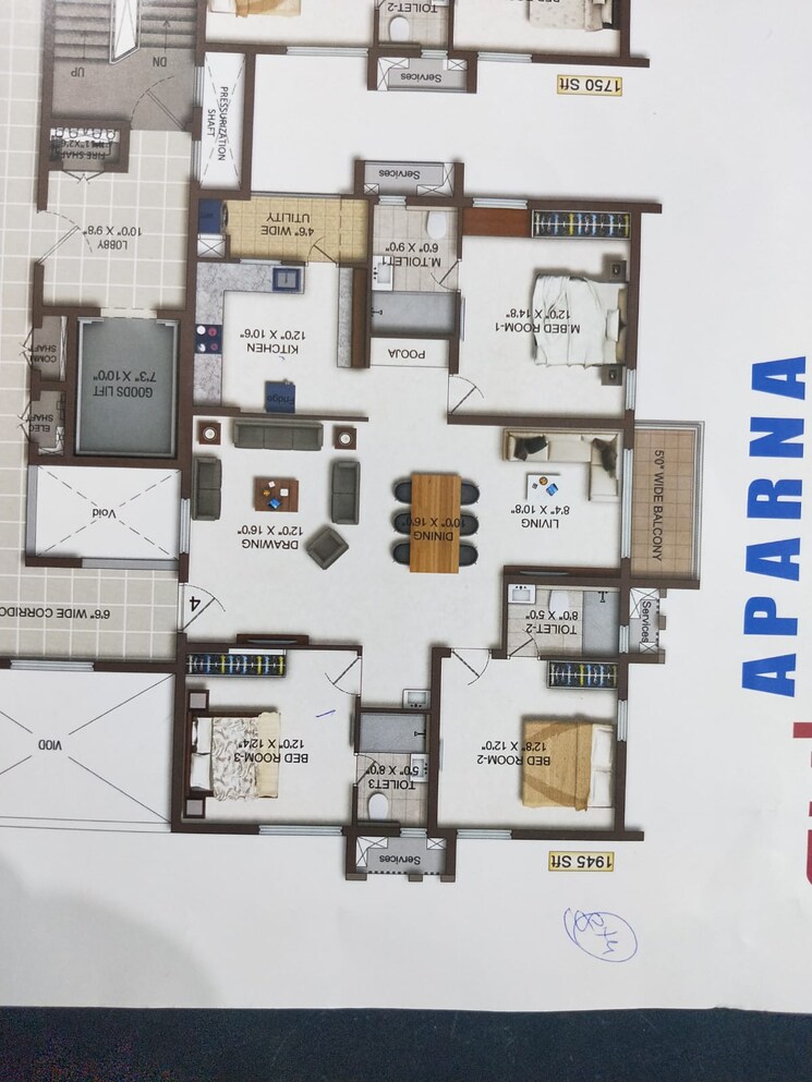 Floor Plan, aparna-cyberscape 3 Bedroom 1945 Sq.Ft. Apartment In Nallagandla Hyderabad 9055156