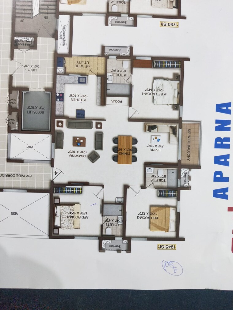 Floor Plan, aparna-cyberscape 3 Bedroom 1945 Sq.Ft. Apartment In Nallagandla Hyderabad 9055156