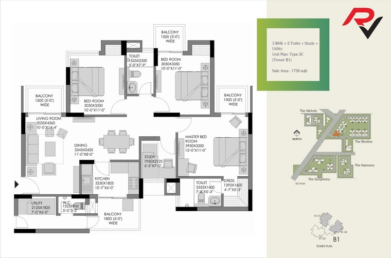 Floor Plan, experion-the-heart-song 3 Bedroom 2003 Sq.Ft. Apartment In Sector 108 Gurgaon 9054947