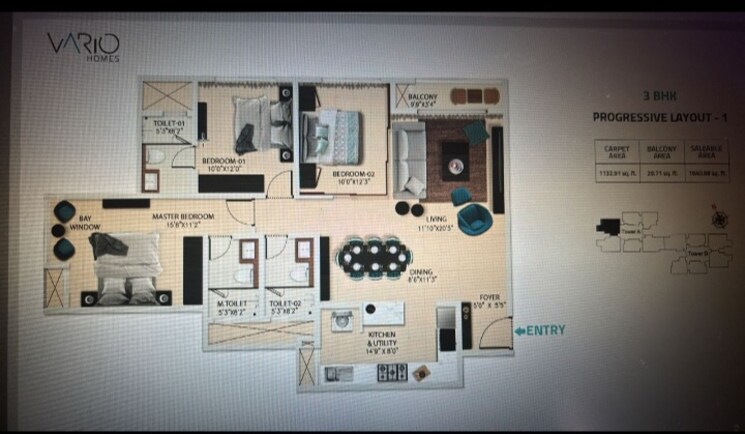 Floor Plan, karle-vario-homes 3 Bedroom 1640 Sq.Ft. Apartment In Hebbal Bangalore 9062237
