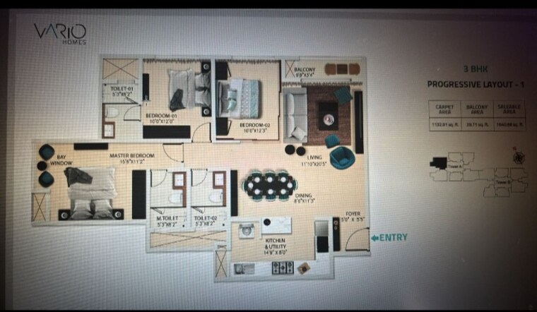 Floor Plan, karle-vario-homes 3 Bedroom 1640 Sq.Ft. Apartment In Hebbal Bangalore 9062237