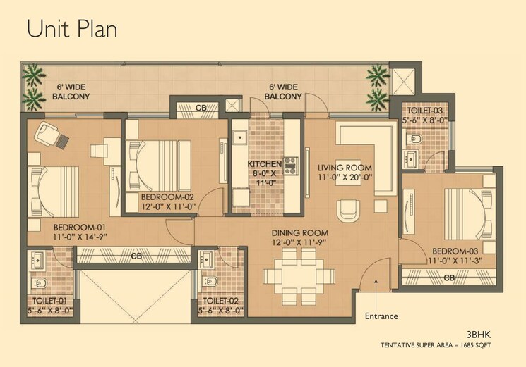 Floor Plan, omaxe-royal-residency-faridabad 3 Bedroom 1685 Sq.Ft. Apartment In Sector 79 Faridabad 9064499