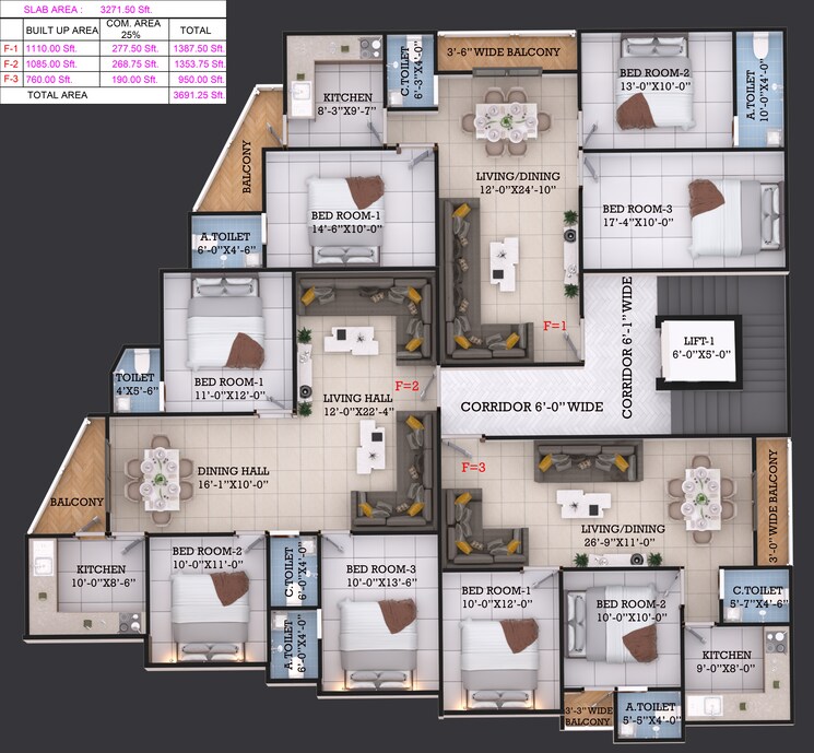 Floor Plan, mehdipatnam 3 Bedroom 1296 Sq.Ft. Apartment In Mehdipatnam Hyderabad 9064924