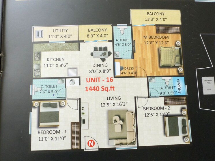 Floor Plan, hosakerehalli 3 Bedroom 1440 Sq.Ft. Apartment In Hosakerehalli Bangalore 9065677