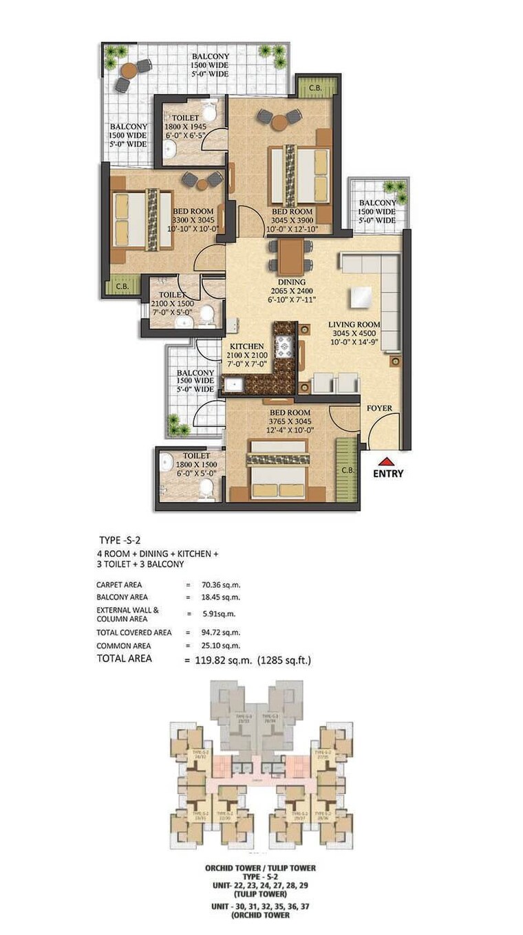 Floor Plan, ska-metro-ville 3 Bedroom 1285 Sq.Ft. Apartment In Eta Ii Greater Noida Greater Noida 9074349