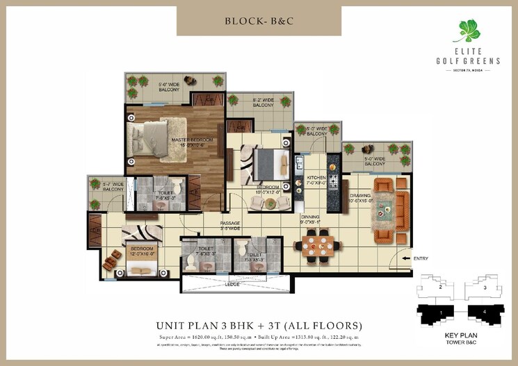 Floor Plan, elite-golf-green 3 Bedroom 1620 Sq.Ft. Apartment In Sector 79 Noida 9075282