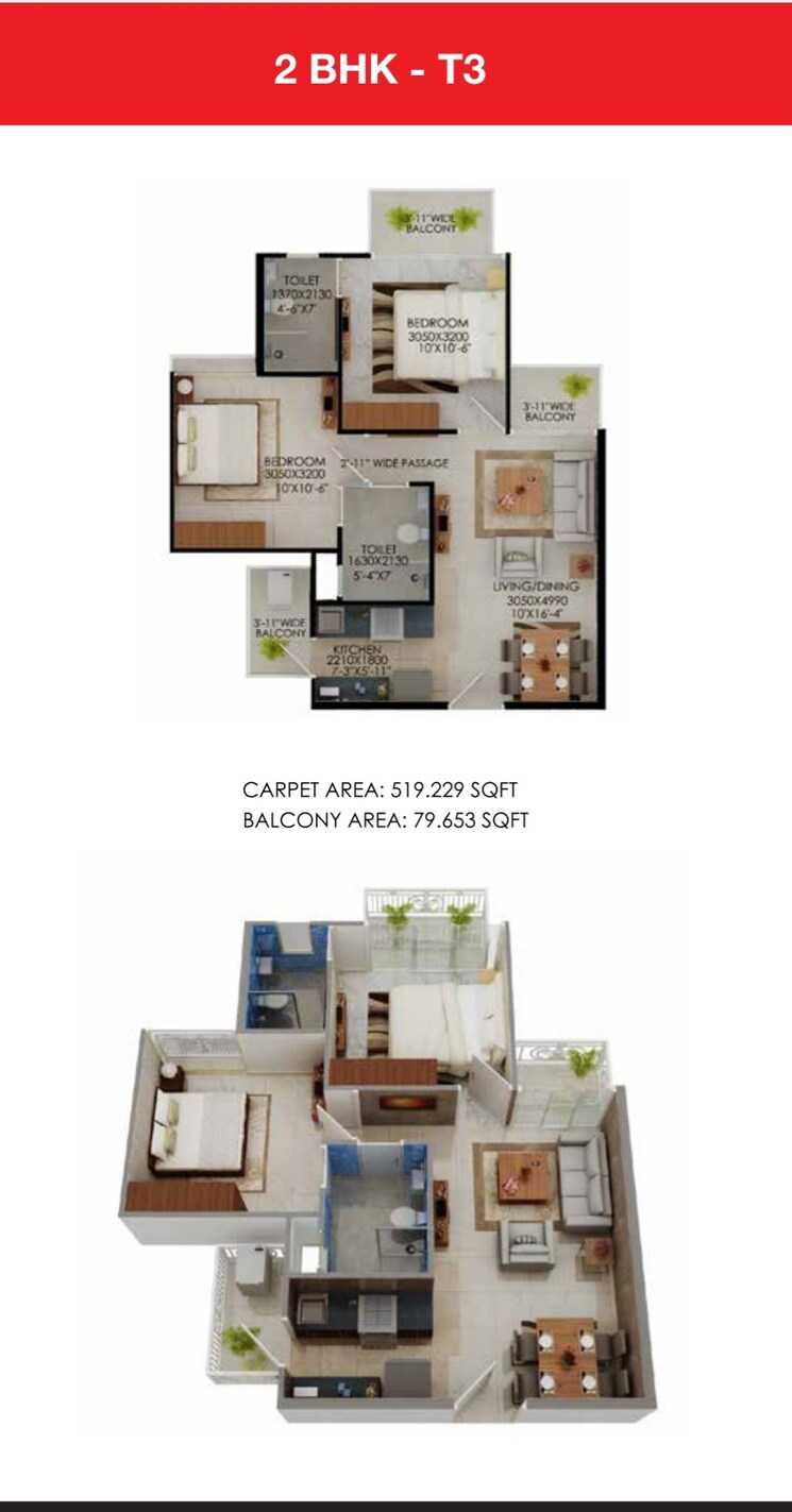 Floor Plan, signature-global-the-millennia 2 Bedroom 1050 Sq.Ft. Apartment In Sector 37d Gurgaon 9081540