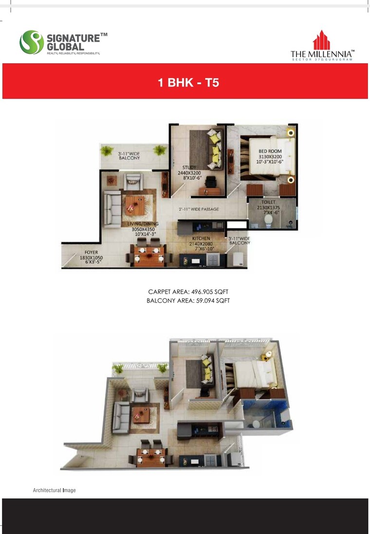 Floor Plan, signature-global-the-millennia 2 Bedroom 1050 Sq.Ft. Apartment In Sector 37d Gurgaon 9081540