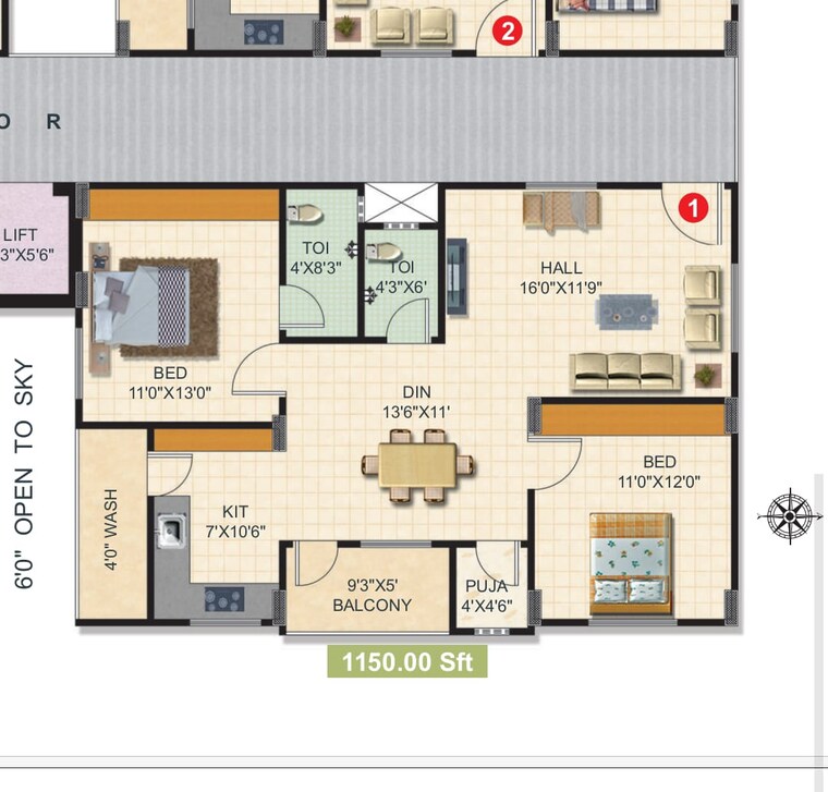Floor Plan, miyapur 2 Bedroom 1150 Sq.Ft. Apartment In Miyapur Hyderabad 9081744