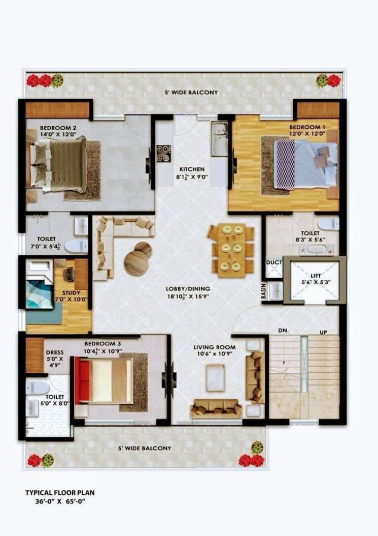 Floor Plan, roseate-homes 3 Bedroom 1953 Sq.Ft. Apartment In Ghazipur Zirakpur 9082206