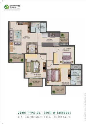 Floor Plan in 3 BHK Apartment at Signature Global Golf Greens, Sector 79 – for Sale