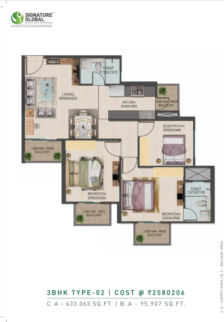 Floor Plan, signature-global-golf-greens 3 Bedroom 728 Sq.Ft. Apartment In Sector 79 Gurgaon 9082439