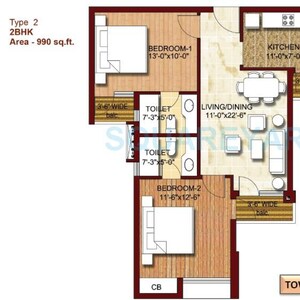 Floor Plan in 2 BHK Apartment at Logix Blossom Greens, Sector 143 – for Sale