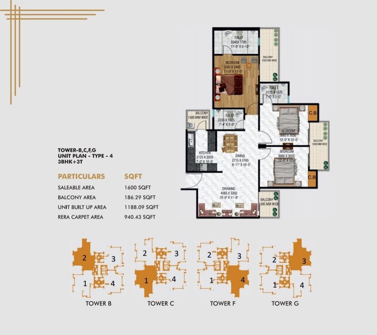 Floor Plan, sublime-spring-elmas 3 Bedroom 1600 Sq.Ft. Apartment In Sector 12 Greater Noida Greater Noida 9086766