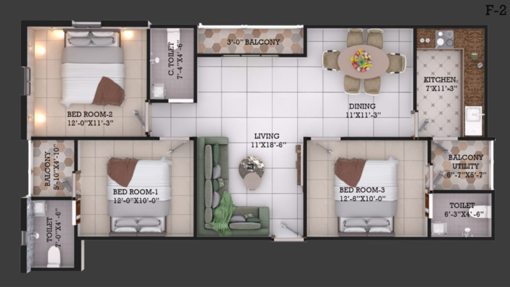 Floor Plan, sun city 3 Bedroom 1356 Sq.Ft. Apartment In Sun City Hyderabad 9075062