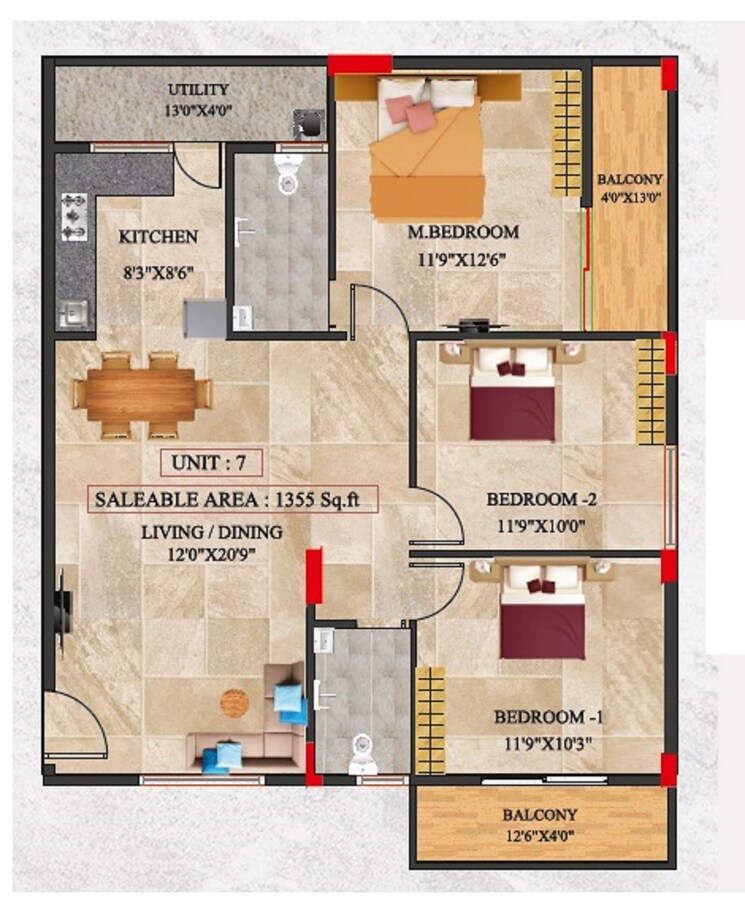 Floor Plan, talaghattapura 3 Bedroom 1355 Sq.Ft. Apartment In Talaghattapura Bangalore 9092573